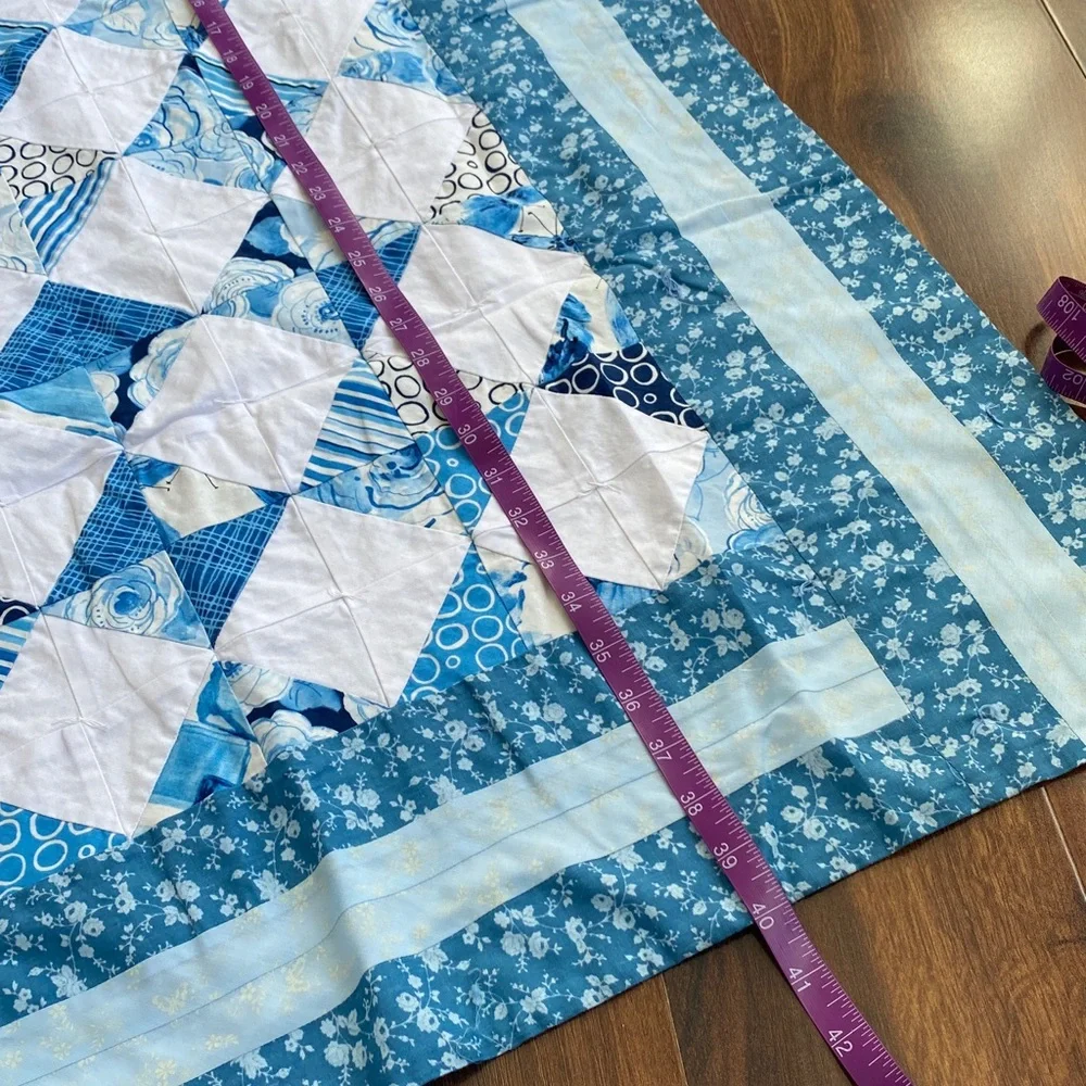 40”x44” Handmade Patchwork Knot Square Quilt Blue Florals Cotton